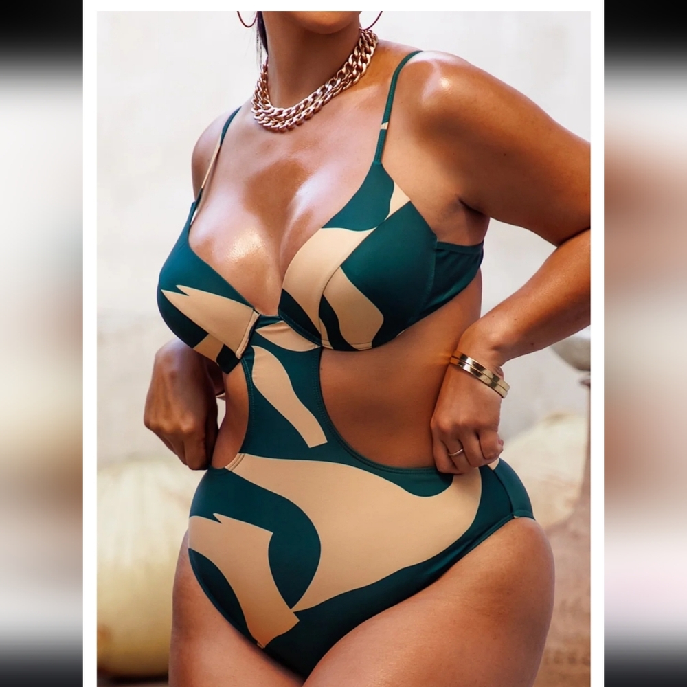 Matte Collection Abstract Cutout One Piece Swimsuit Green